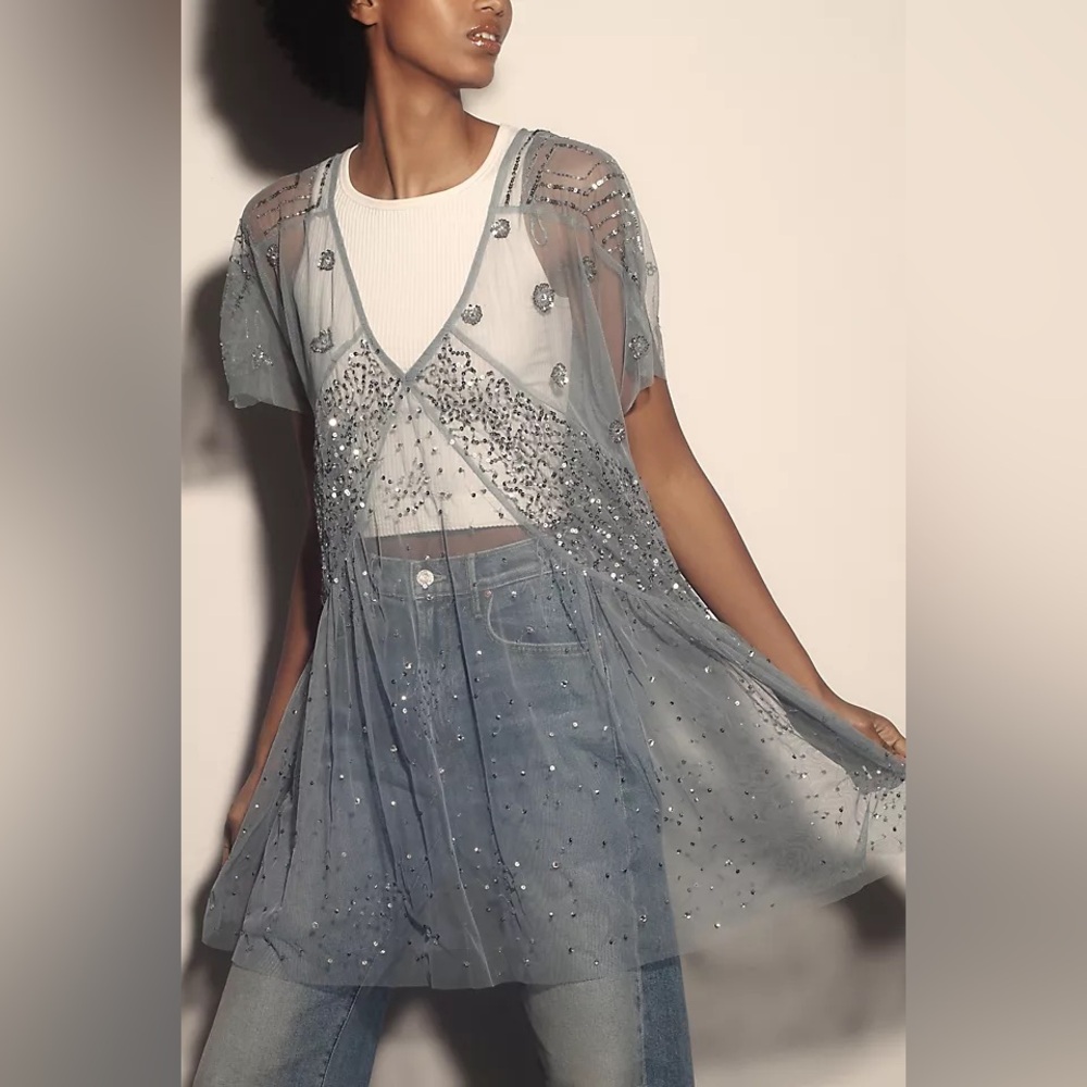 Anthropologie Blue-Grey Sheer Embellished Dress